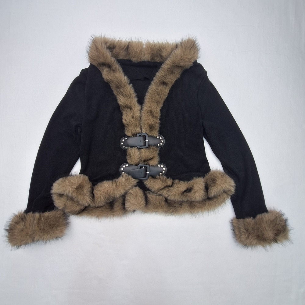 Romwe Cardigan Womens 0XL Black Faux Fur Trim Buckle Studded Gothic Y2K Sweater